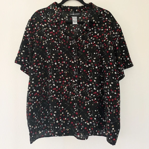 Vintage Sag Harbor Black Floral Button Up Collared Top sz 1X 90s Casual - Picture 2 of 8